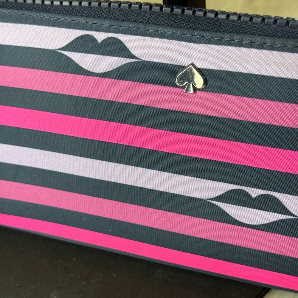 Kate Spade Lips Pink & Purple Striped Zip-Around Wallet-NWOT